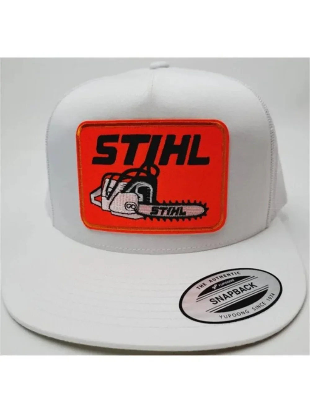 Retro Chainsaw Forestry Patch White Yupoong Flat Bill Snapback Trucker Hat HiVis